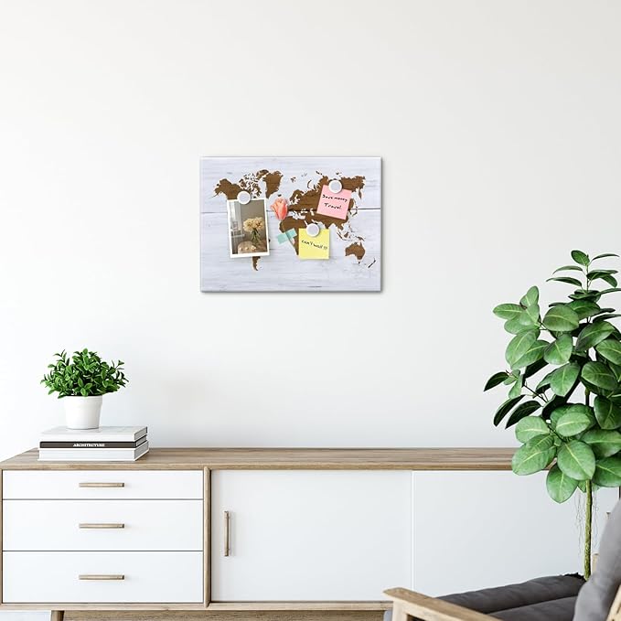Dry Erase Board，Decorative Print Magnetic Surface White Board for Wall with Design, 16 x 12 inches Frameless Dry Erase Board for Wall, World Map, Magnets Included（W-MAP,4030,1p）