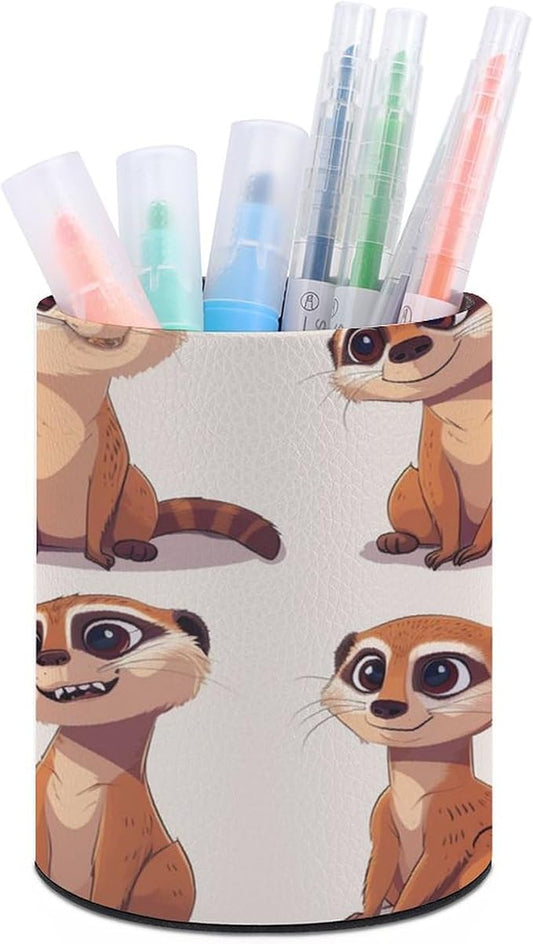 Comic Meerkat Pencil Holder Round Pen Cup Funny PU Leather Marker Holder Makeup Brush Holders Desk Accessories Workspace Organizers for Home School Office