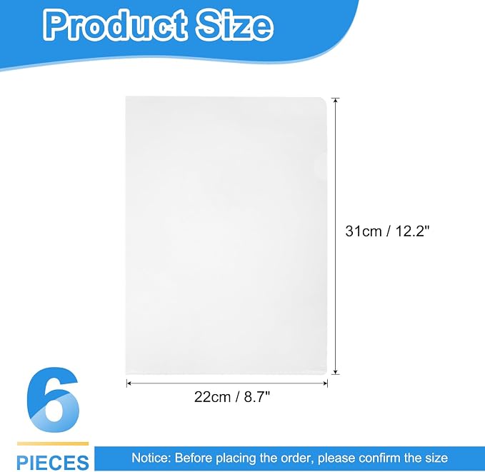PATIKIL 6 Pack A4 Plastic Folders, Letter Size Clear Folders l Type Project Pockets Paper Document Jacket Sleeves Transparent for Documents Office File, 8.7x12.2, Transparent