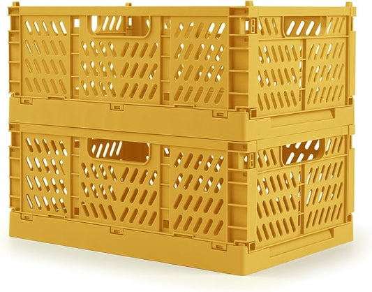 Domiella 2-Pack Crates for Storage, Storage Crates Plastic Stackable, Foldable Crate for Office Home Kitchen Bedroom Bathroom (Small, Golden Yellow)