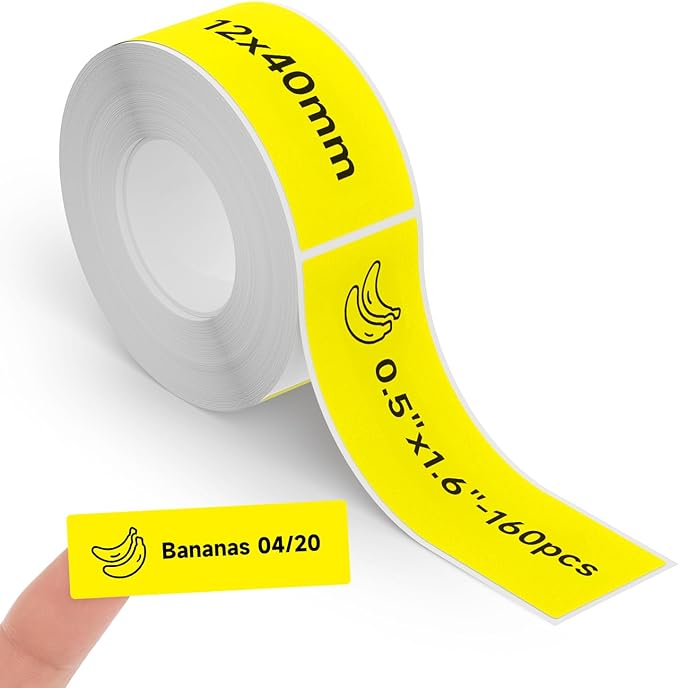 Thermal Labels DETONGER 1/2 Width Compatible Tape Refills Label Stickers Film Coatedfor Label Maker Tapes Home Office School Business Use Sticky Liquid-Proof 0.5"×1.6"(12×40mm) Yellow