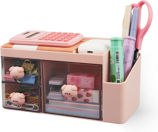 Desk Organizer with Pencil Holder and 3 Drawers, Desk Accessories Holder for Desk,Desktop Stationery Organizer for Office Home School Dressing Table(Small Pig Handle)