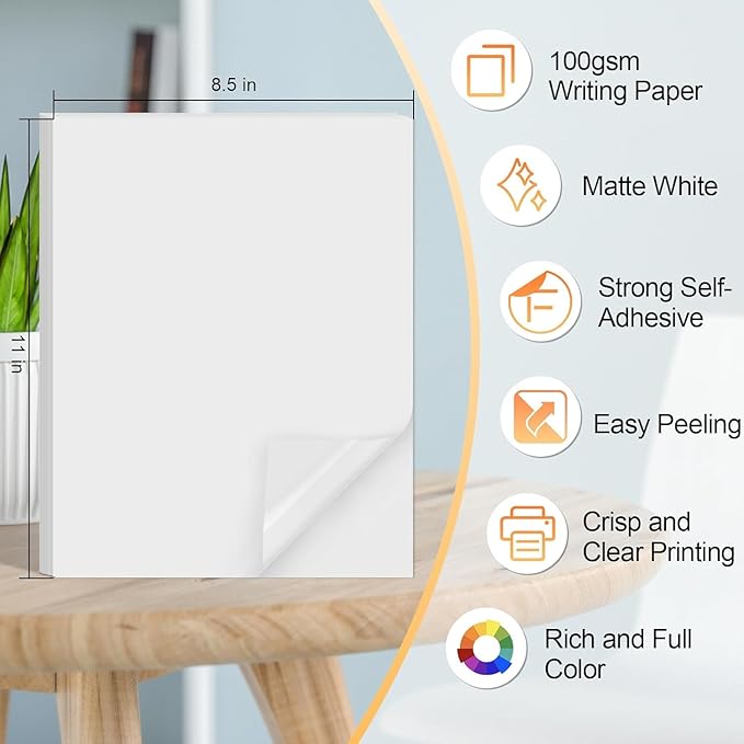 Printable Sticker Paper for Inkjet Printer, 300 Sheets 8.5" x11'' Matte Sticker Printer Paper Full Sheet Labels for Laser/Inkjet Printers, Letter Size