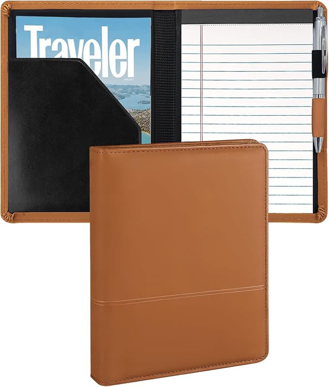 A5 Padfolio Business Portfolio Folder,Junior Size Document Folder Organizer, Padfolio with Interior Pocket and Pen Loop, 5 x 8 Writing Pad Included,Brown.