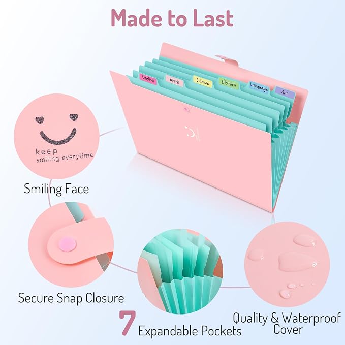 Forvencer Accordion File Organizer, Letter Size, 7 Pocket Expanding File Folder, Cute File Folder with Labels, Portable File Organizer for School Office Supplies, Folders for Documents, Pink