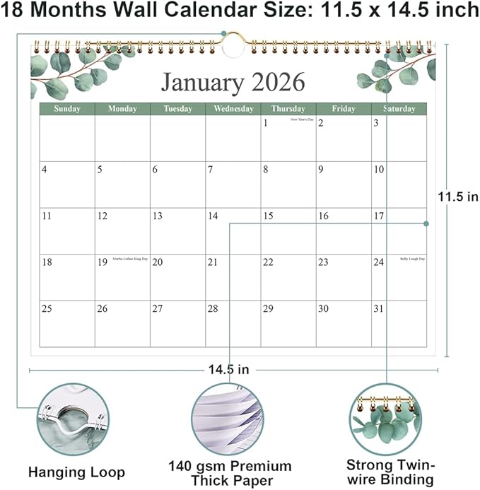 Calendar 2026 - Wall Calendar 2026-2027 from January 2026 to June 2027, 2026 Wall Hanging Calendar Planner with Thick Paper, 12" x 14.5", Leaf