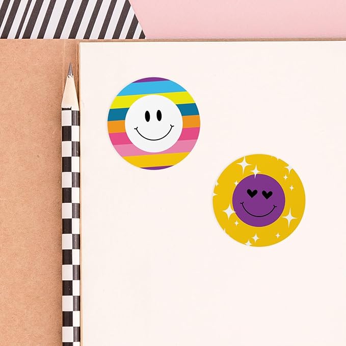 Retro Smiley Face Stickers / 500 Colorful Round Labels Roll / 1.5" Circle Happy Face Sticker / 8 Nostalgic Y2K Bright Designs/Made in The USA