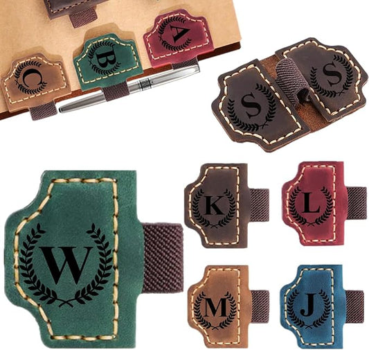 Custom Bookmark with Pen Holder with 26 Letters Personalized Magnetic Leather Book Mark, Customized Name Book Marker Clip with Initial for Men Women, Gifts for Book Lovers, Readers, (Green, W)