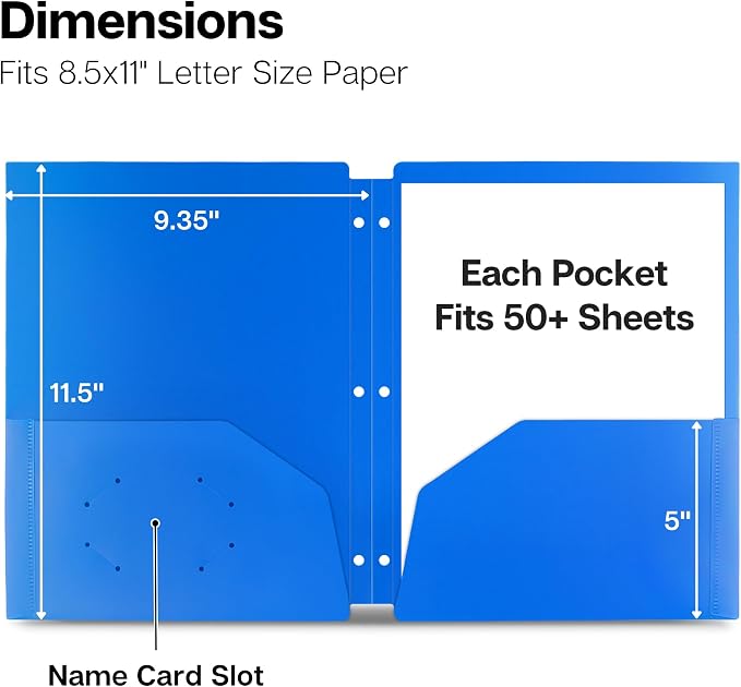 Dunwell Plastic 2-Pocket Folders for 3-Ring Binders, (6 Pack, Assorted Colors) 3 Hole Punched, Divider Folder for Notebook, Durable Poly, Fits 8.5x11 Sheets, Includes Labels