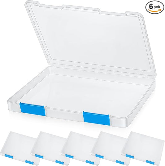 PerKoop 6 Pcs Clear Paper Storage Box A4 Plastic File Box Document Paper Organizer Storage Board Game Project Cases Containers with Buckle for Craft, Magazine(12.4 x 9.84 x 1.18 Inches,Blue)