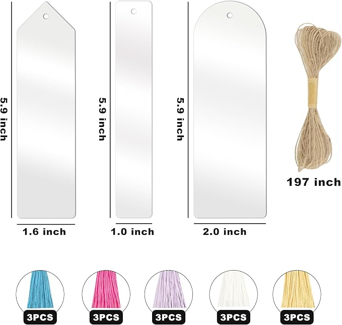 Acrylic Bookmarks Blanks Bulk 31PCS Clear Bookmark Plastic Blank 15 Sets with 5 Color Tassels & Twine String for Vinyl DIY Craft (3 Shape of Bookmarks)