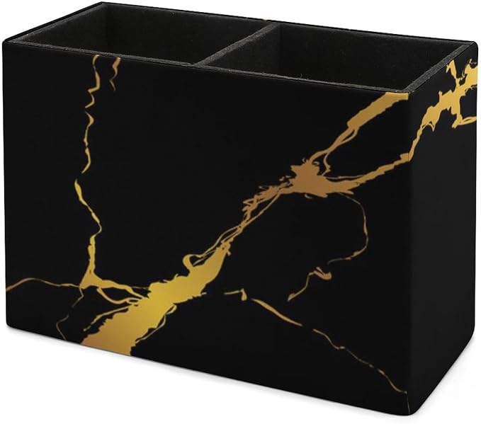 Square Pen Holder Black Marble Gold Texture for Desk, Leather Pencil Container Decoration Office Desk Home, Study Table Pen Organizer, Pencil Organizer