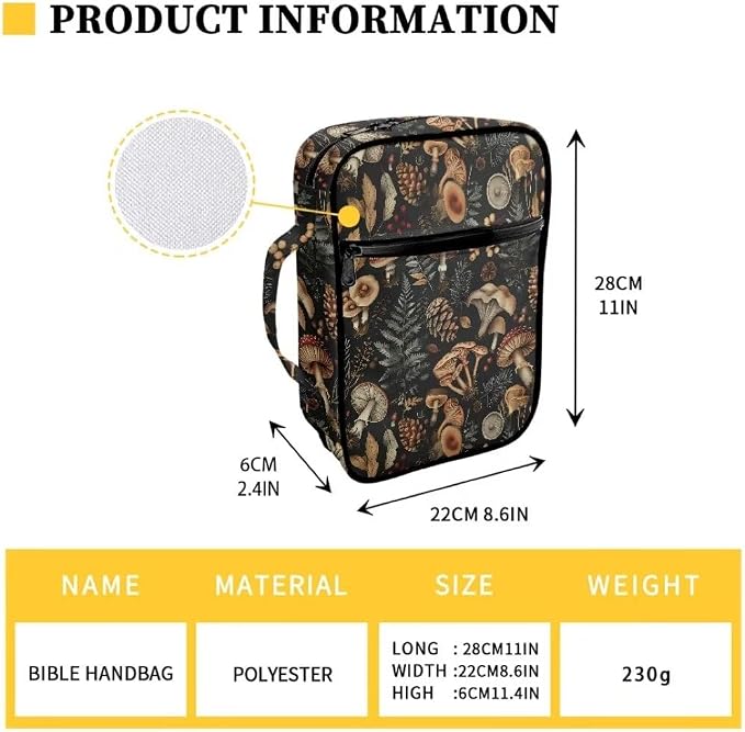Coldinair Vintage Mushroom Bible Covers Bag for Women Teens Kids,Carrying Book Case Church Bag Bible Holder with Handle and Zippered Pocket