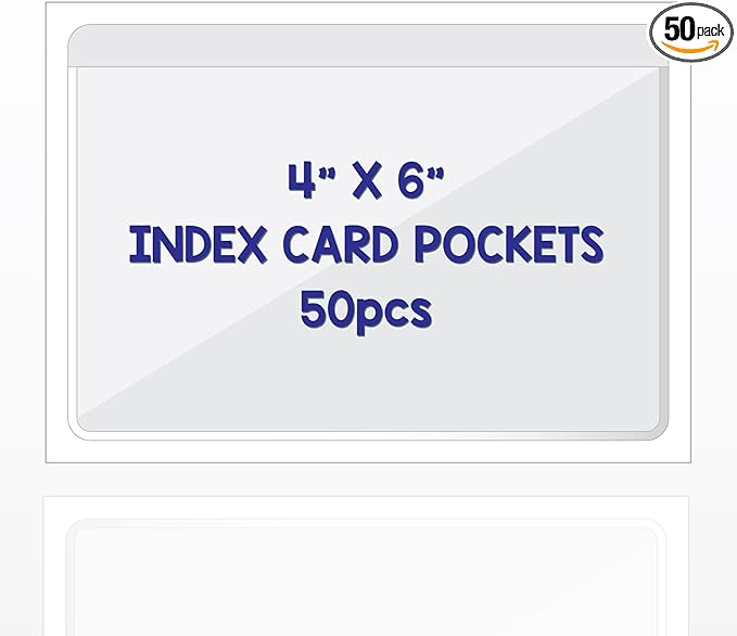 IMAGAME Clear Adhesive 4" x 6" Index Card Pockets with Top Open for Loading, 50 Pack, Plastic Labels Holders for Storage Bins and Library Card, Organizing and Protecting Your Index Cards or Photos
