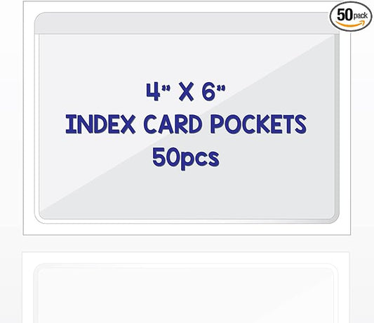 IMAGAME Clear Adhesive 4" x 6" Index Card Pockets with Top Open for Loading, 50 Pack, Plastic Labels Holders for Storage Bins and Library Card, Organizing and Protecting Your Index Cards or Photos