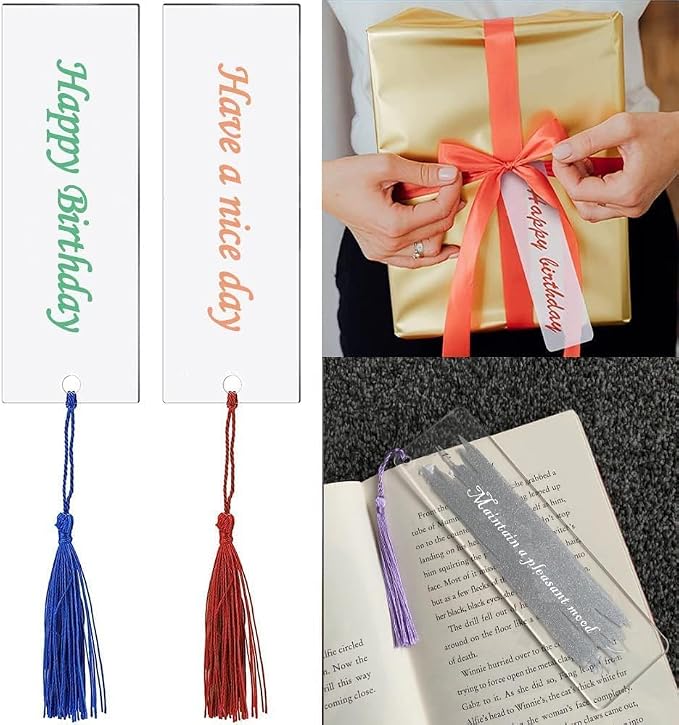 Clear Acrylic Bookmark, BetterJonny 20 Set Plastic Blank Book Page Mark with Colorful Tassels Small Transparent Craft Tags for DIY Classroom Projects and Gift Tag