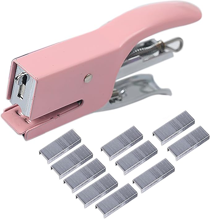 Handheld Desktop Staples, 4 Inch Labor Saving Gray Stapler for 10 Sheets Capacity with 1000 Pcs No.10 Staples (Pink)