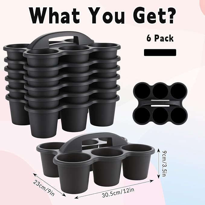6 Pack Classroom Caddy with Handle Plastic Storage Caddy Organizer with 6 Compartments Drink Cup Caddies Holder Portable Storage Bin for Pencil, Crayon, Marker, Home, Office, School Supplies(Black)