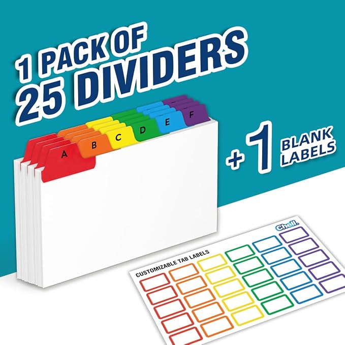 Chell 3x5 Index Card Dividers, Heavyweight A-Z Tabbed Guides, 110 lb. Cover Weight, with Blank Stickers, 1 Set