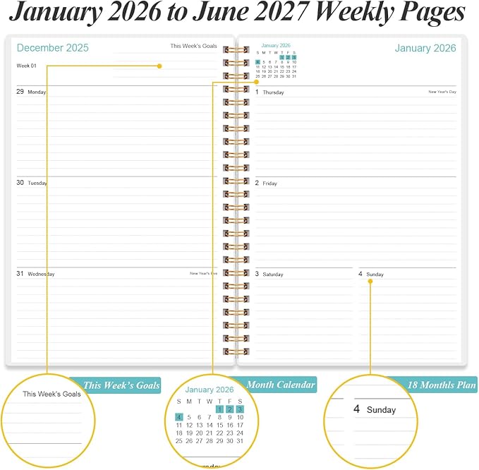 2026-2027 Planner - 18 Months Weekly & Monthly Planner from January 2026 - June 2027, Spiral Notebook 2026-2027 with Elastic Closure, Inner Pocket, Medium 5.8" x 8.3", Flower-C
