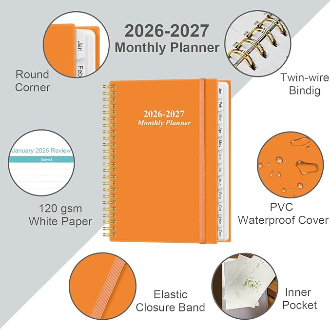 2026-2027 Monthly Planner - January 2026 - June 2027, Two Pages Per Month, 18 Monthly Calendar/Planner with Tabs, Inner Pocket, 6.4" x 8.5", Orange