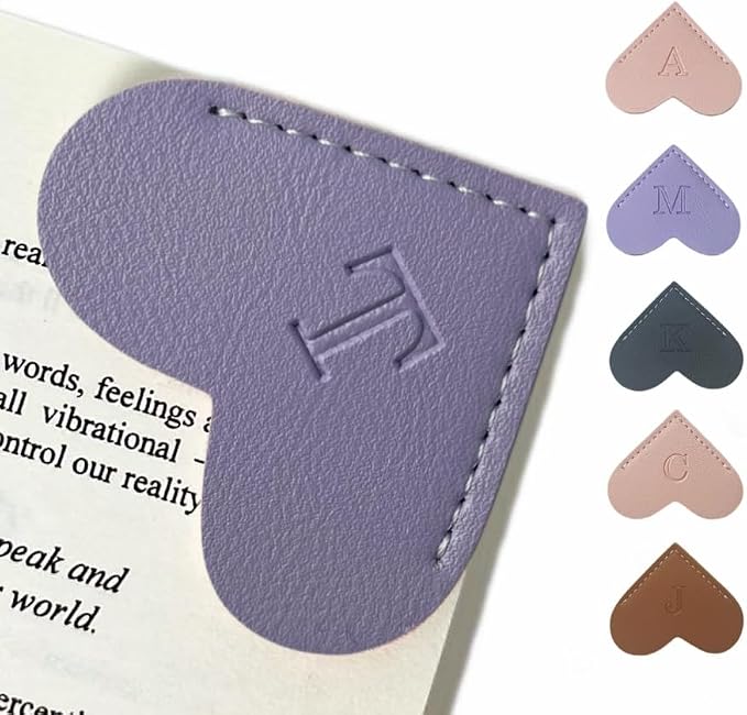 Personalized Leather Book Marks, Heart Bookmark, Unique Cute Handmade Letter Bookmarks Accessories for Reading Women, Teacher, Student, Book Lovers Book Mark Gifts (Purple, T)