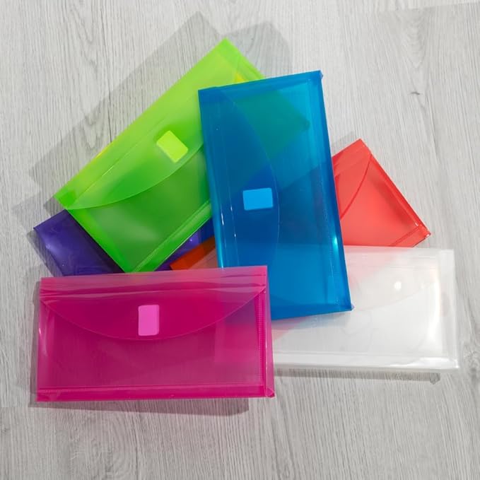 JAM PAPER Plastic Expansion Envelopes with Hook & Loop Closure - #10 Booklet Wallet - 5 1/4 x 10 with 1 Inch Expansion - Assorted Colors - 6/Pack