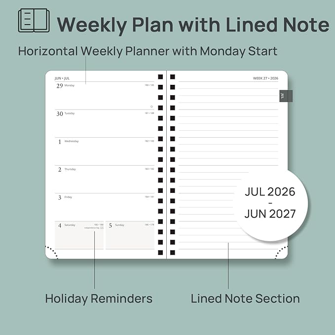 POPRUN Pocket Planner 2026-2027 (JUL 26-JUN 27), Purse Size 4" x 6.25", Small Pocket Calendar for Purse, Academic Weekly and Monthly Calendar with Ruler, Spiral Softcover, 100GSM - Green
