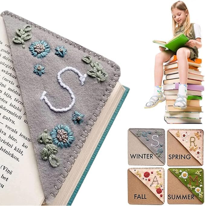 Personalized Hand Embroidered Corner Bookmark, 26 Letters Cute Flower Embroidered Corner Bookmark Embroidery Book Marker Clip for Book Lovers Bookmarks for Reading Lovers Meaningful GIF (Winter, S)