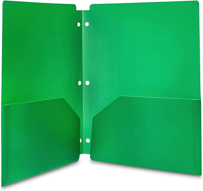 Amazon Basics Plastic 3 Hole Punch Folders with 2 Pockets for Documents, Letter Size 8.5 x 11 inches, School Supplies, Assorted Colors, Pack of 12