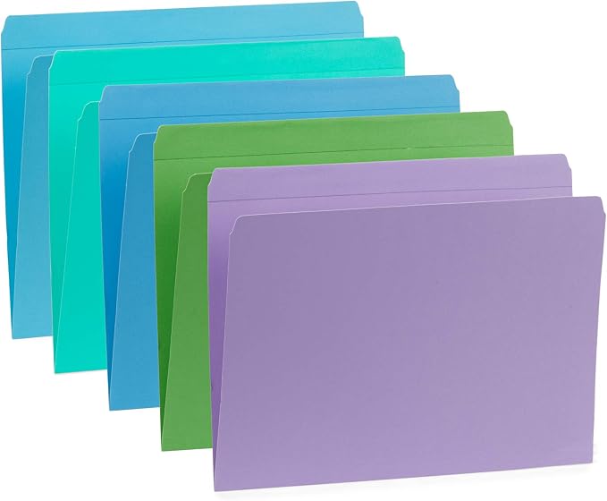 Blue Summit Supplies 100 Straight Cut File Folders, Ocean Tones, Letter Size, Assorted Blue, Green, and Purple Color File Folders, Single Tab, 100 Pack