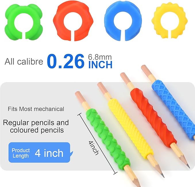 Affrolling 4 Pack Textured Silicone Pencil Sleeves Set Sensory Fidget Grips with 4 Pencil, Quiet Classroom Fidget Toys for Autism Calming, Adhd Tool, Anxiety Relief, Quiet Tool Gift for Adults & Teens