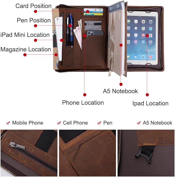 Crazy Horse Leather Portfolio Binder with 3-Zipper, 11-inch iPad Holder Padfolio, Executive Business Organizer for iPad Pro 13, Air 13, Mini, Document Case & Legal Pad Holder for Men & Women