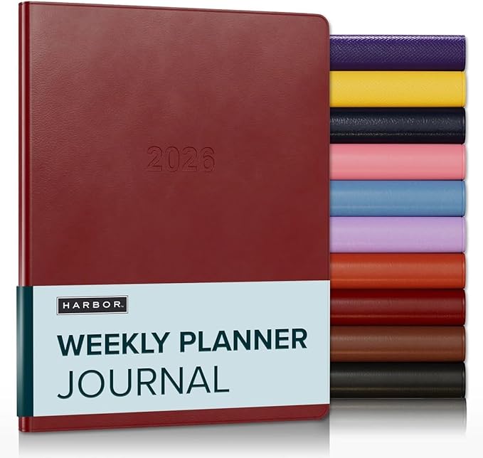Harbor Weekly Journal Notebook Planner 2025-2026 - Lined, Durable Faux Leather, Softcover, 176 Quality Pages - For Men and Women, For Writing, Work & Travel - Cambridge Red - 9x7"