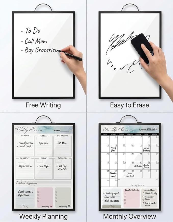 Black Magnetic Dry Erase Whiteboard 12 x 16 Double Sided, Portable Planner Board with Weekly Monthly Sheets, Write and Wipe to Do List Board, Includes 3 Markers Eraser 2 Magnets