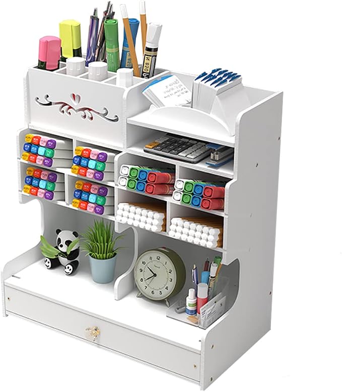 Hggzeg White Pen Holder with Compartments and Drawer, Marker Organizer, Art Supply Accessories, Multi-Functional Pencil Storage, for Home, Office and School