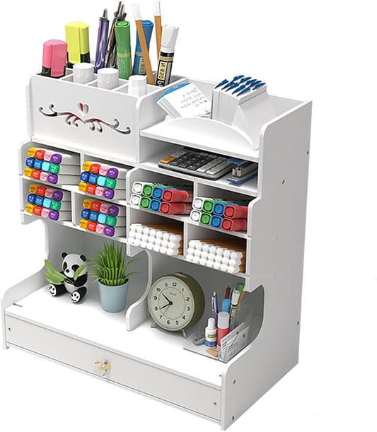Hggzeg White Pen Holder with Compartments and Drawer, Marker Organizer, Art Supply Accessories, Multi-Functional Pencil Storage, for Home, Office and School