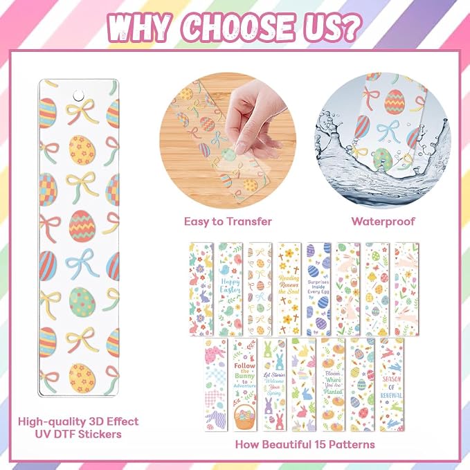 Peacoblue 30pcs UV DTF Bookmarks Transfer Stickers Wraps Spring Easter Bunny and Eggs for Women Men Reading, Waterproof Bookmarkers Decal(No Blank Bookmarks) for Acrylic Plastic Metal Blank Bookmark