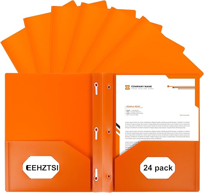 24-Pack Plastic Folders with Pockets and Prongs,2-Pocket Folders with 3 Fasteners, Holds 8-1/2" x 11" Paper for School/Office/Home, Orange