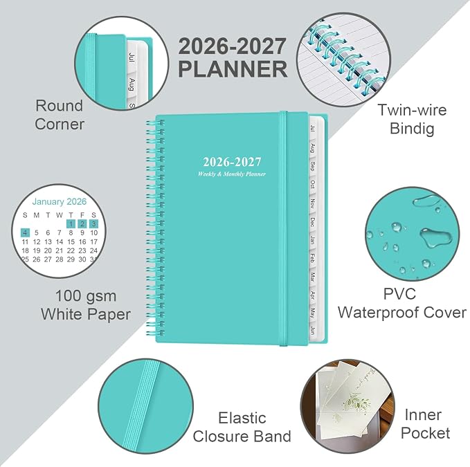 2026-2027 Planner - A5 Weekly & Monthly Planner Spiral Bound, July 2026 - June 2027, with Flexible Cover, Tabs, Inner Pocket, 6.4" x 8.5", Teal
