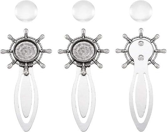 FASHEWELRY 20Pcs Antique Silver Bookmark Pendant Tray Kit Include 10Pcs 18mm Helm Round Blank Bezel Base Setting Charms with 10Pcs Clear Glass Dome Tiles Cabochons