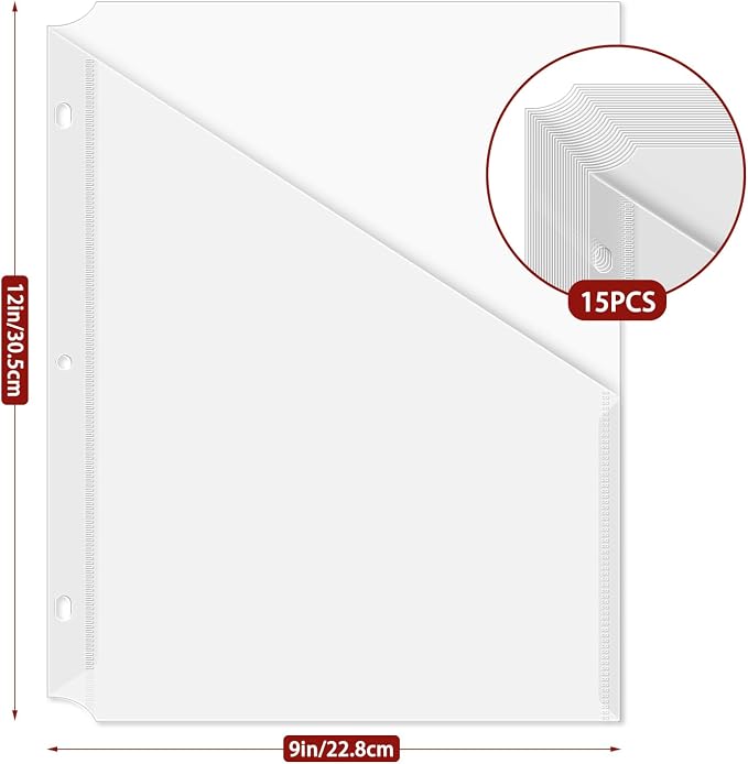 15Pack 3 Hole Punch Clear Plastic Document Folders,Organized Up Poly Translucent Slash Slash File Jacket US Letter/ A4 Size 18C(1.8mm),L-Tape Transparent Document Folders Copy Safe Pockets
