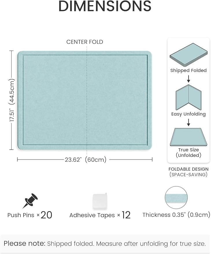 Fluxynara Bulletin Board, 23.6" x 17.5" Cork Board Alternative with 12 Safe Removable Adhesive Tabs, Foldable Felt Pin Board for Home Office, Classroom, Bedroom,Entryway for Walls—Aqua Blue