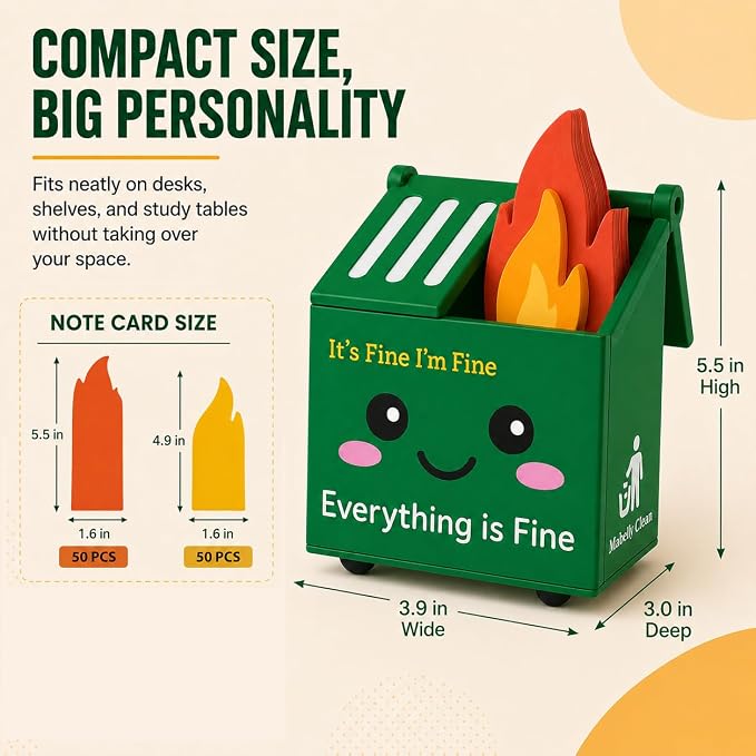 Desk Dumpster Fire Pen Holder – Everything’s Fine Funny Office Desk Decor, Mini Trash Can Pencil Holder Organizer with Flame Note Cards, Stress Relief White Elephant Gag Gift for Coworker
