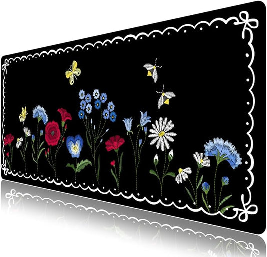 Desk Pad for Keyboard and Mouse, Large Mouse Pad for Desk, Non-Slip Keyboard Mat, Computer Mats for Desk, Desk Pad with Stitched Edges for Office, Gaming I Lovely Black Plants