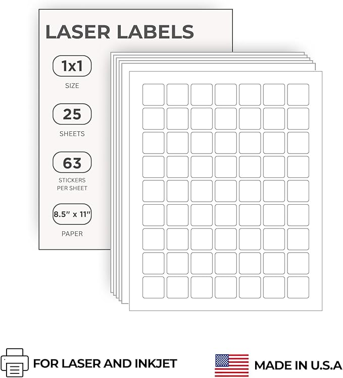 ChromaLabel 1 x 1 Inch Printable Labels, White Custom Stickers, Printable Sticker Paper, Permanent Adhesive Label Sheets - 63 Label Sticker per Sheet