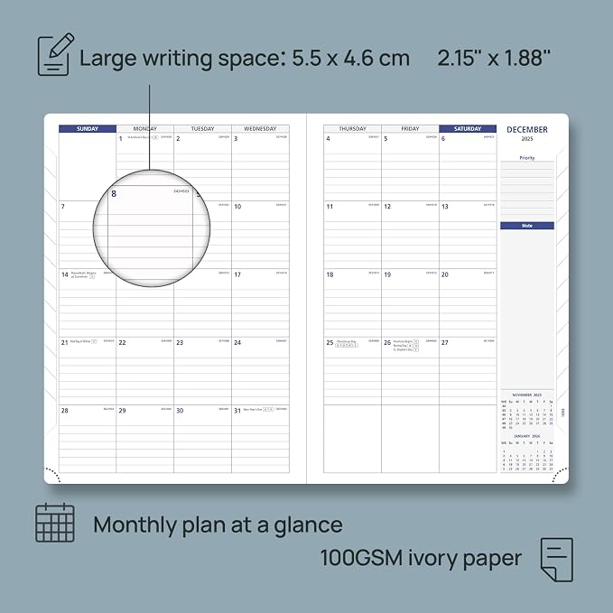 POPRUN Monthly Planner 2026-2027 (Large-8.25'' x 11.75''), 16 Months Calendar (Dec 2025-Mar 2027) Appointment Book with Stair Tabs, Inner Pockets, Pen Holder, PU Leather Softcover - Black