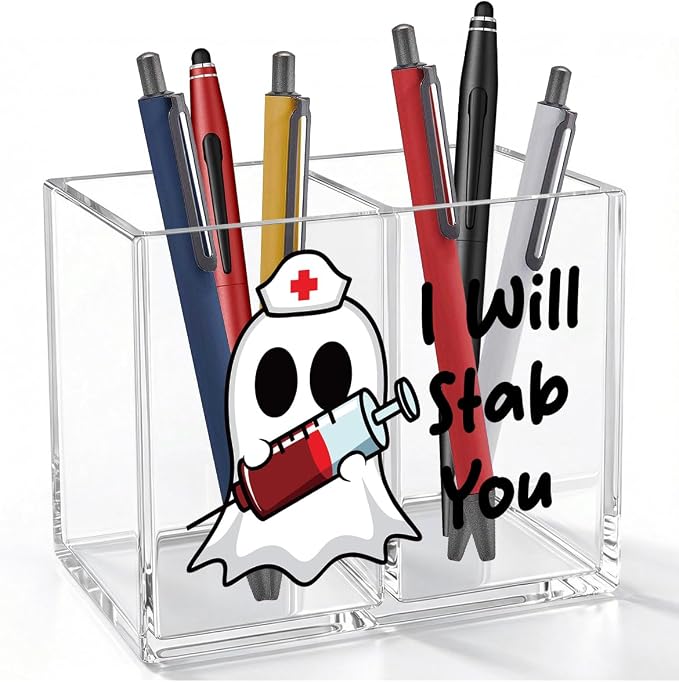 I Will Stab You Acrylic Cosmetic Pencil Pen Holder Funny Nurse Pen Holder Cup Cute Ghost Gifts for Nursing Graduation Women Girl Decor for Medical Office Desk Accessories