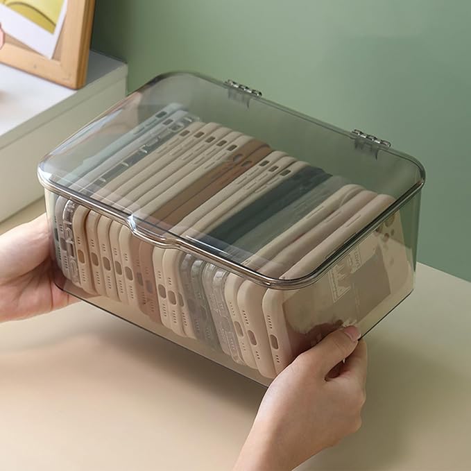 Clear Storage Bins, Plastic Storage Container with Lids Desk Organizers Clear Marker Organizer Desktop Office Supplies for Home Office (Light Gray)