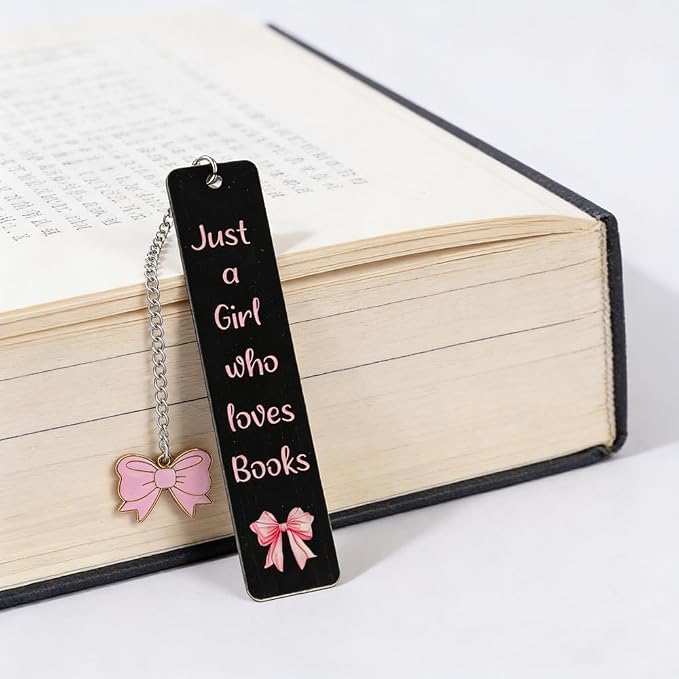 Pink Bowknot Stainless Steel Bookmark - Printed with Cute Bowknot Patterns & Equipped with Heart Pendants, Ideal for Female Readers, Perfect Birthday Gift for Girlfriends (Double-Sided B)